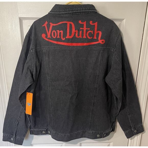 NWT Von Dutch Black Denim Jacket Men’s Flying Eye Wings New - Large Size L - Picture 3 of 7